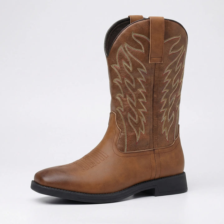 Men's calf-length slip-on cowboy boots, durable and rugged, featuring a block heel and stylish embroidery.