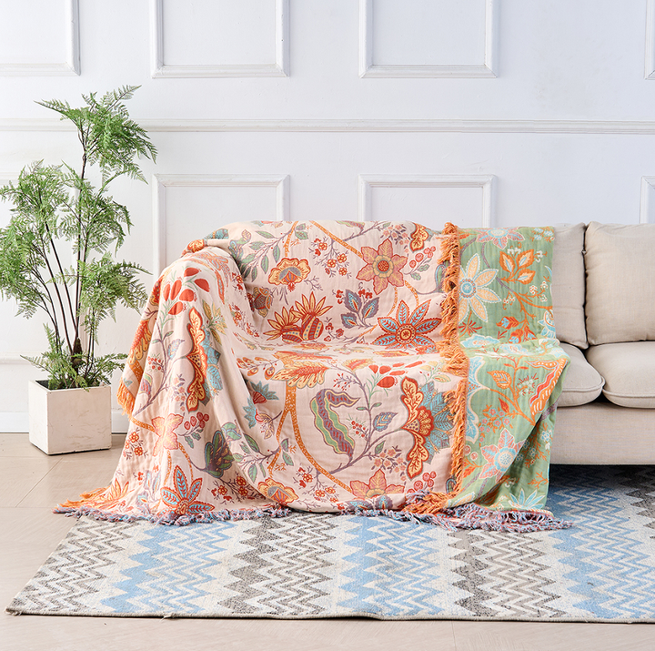 Rustic floral boho throw blanket, 100% cotton. Perfect for cozy living room decor.