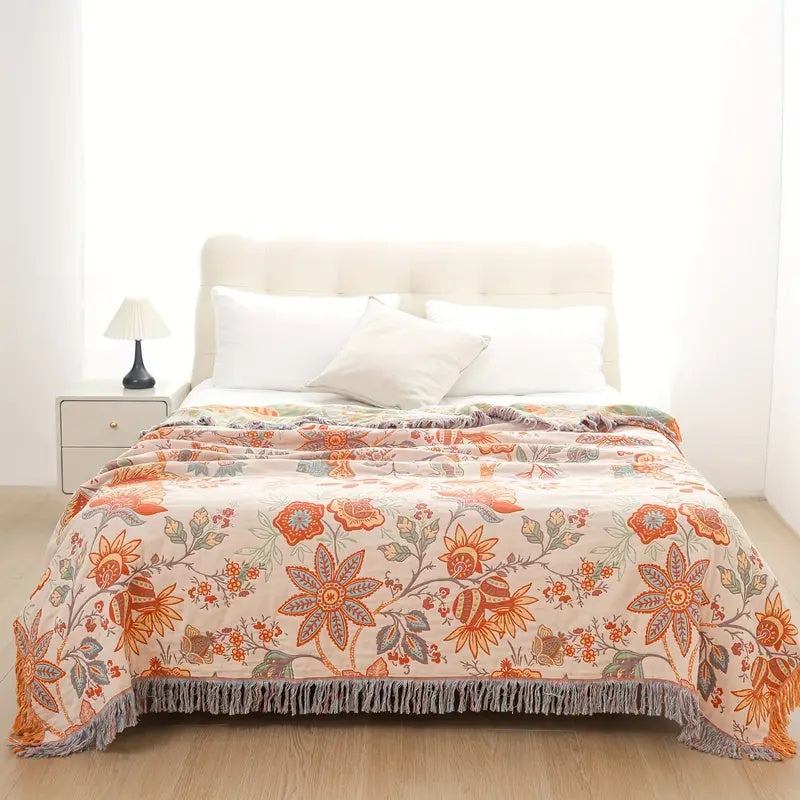 Cozy rustic floral cotton blanket for living room decor or a thoughtful gift idea.