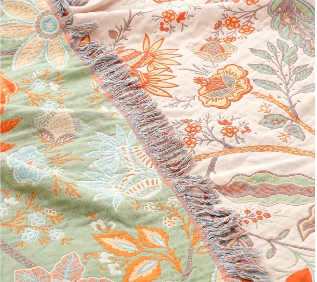 Rustic floral reversible throw blanket with tassels, cozy cotton blend living room decor