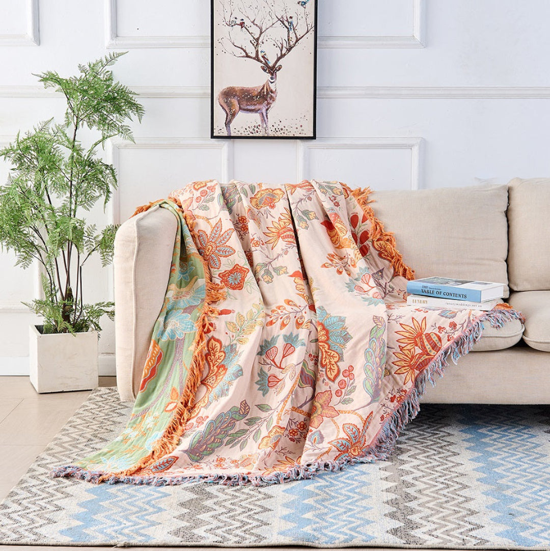 Cozy cotton blend throw blanket, rustic floral design, reversible for versatile home decor
