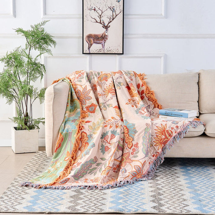 Cozy cotton blend throw blanket, rustic floral design, reversible for versatile home decor