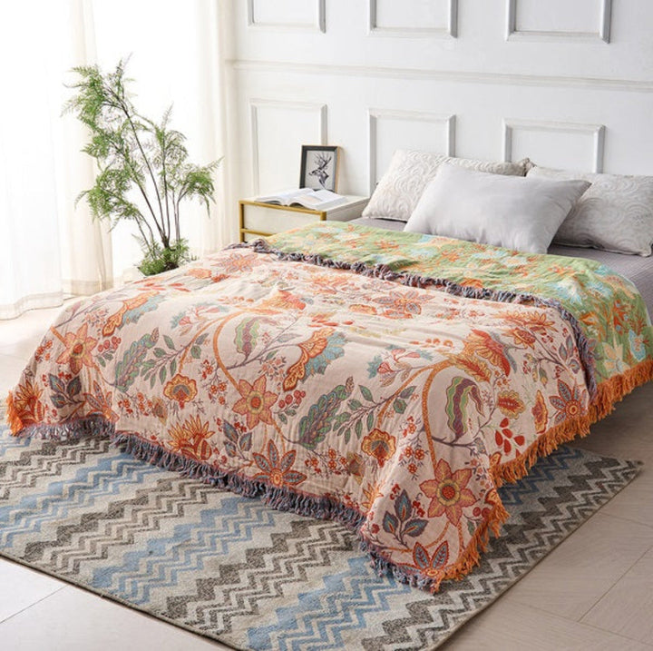 New4 rustic floral tassel throw blanket, soft, reversible, perfect for living room