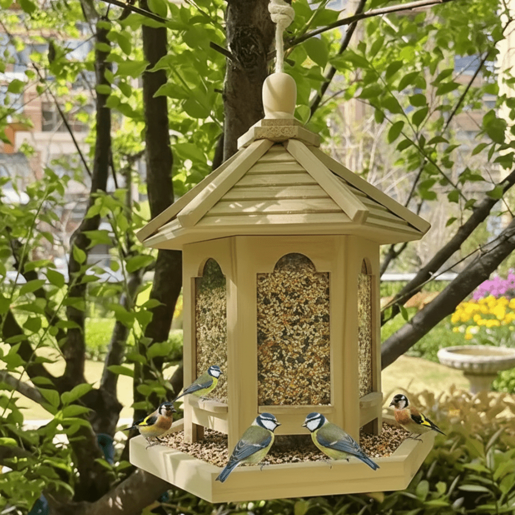 Rustic handmade wooden birdhouse for gardens, featuring an integrated water system. Perfect garden decor & bird feeder.