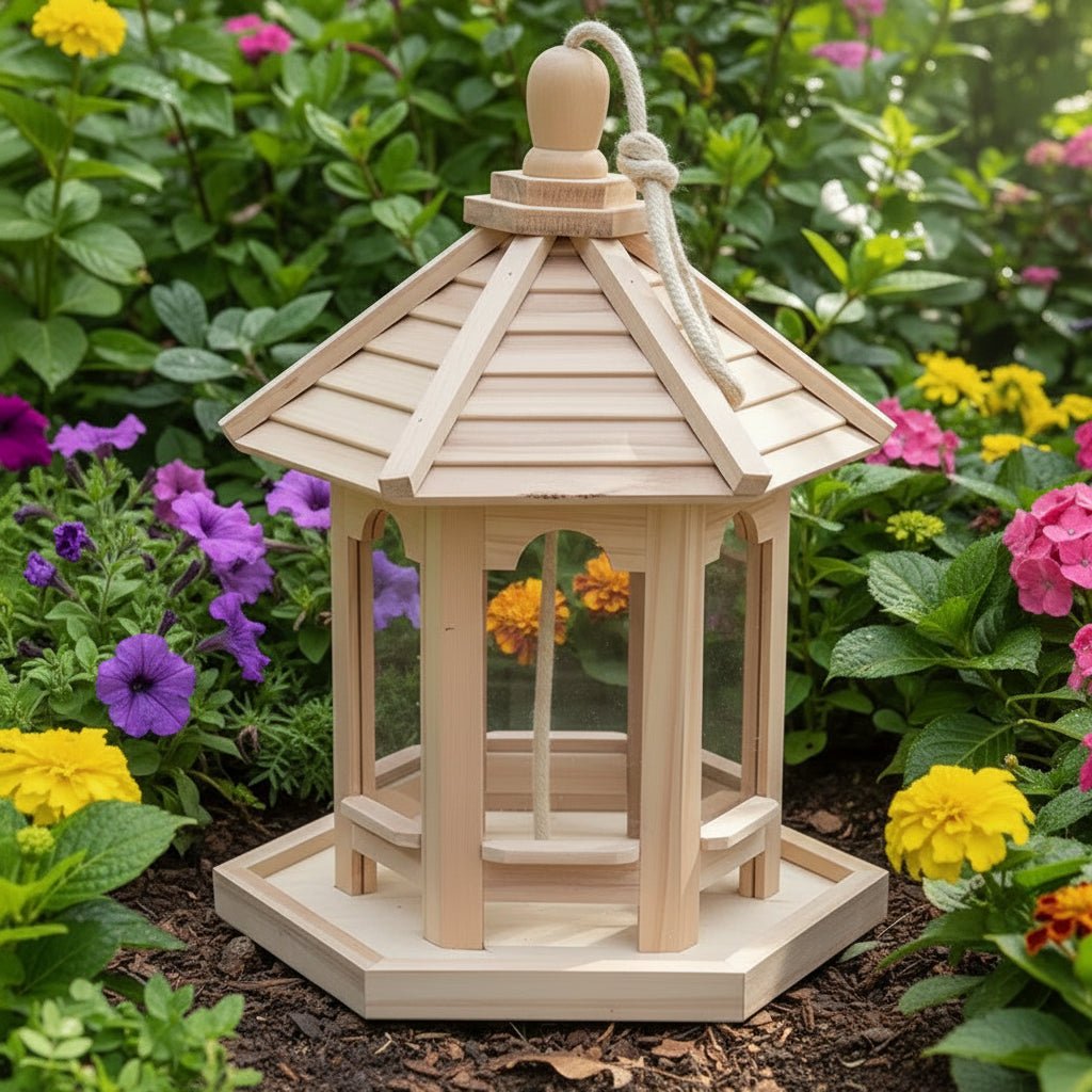 Handcrafted rustic wooden birdhouse with a unique integrated water system, ideal for garden wildlife & outdoor living.