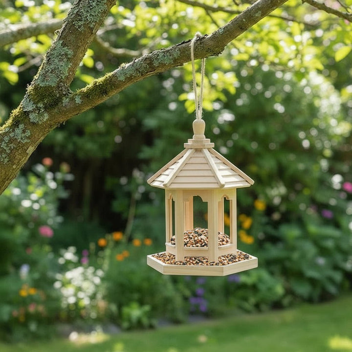 Beautiful rustic wooden birdhouse & feeder with an integrated water system, enhancing any garden or outdoor space.
