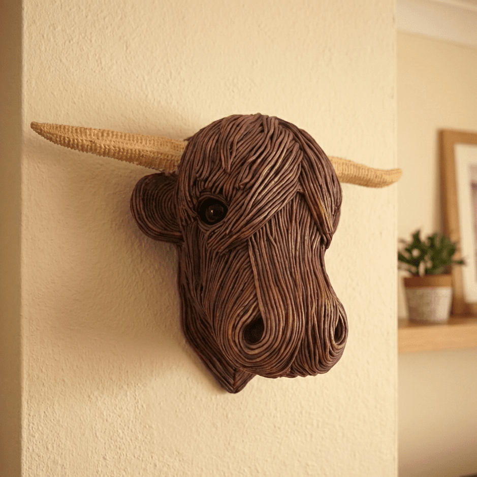 Rustic Highland Cow wall art sculpture, ideal for farmhouse decor & home accents. Unique animal wall decor.