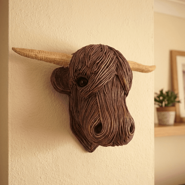Rustic Highland Cow wall art sculpture, ideal for farmhouse decor & home accents. Unique animal wall decor.