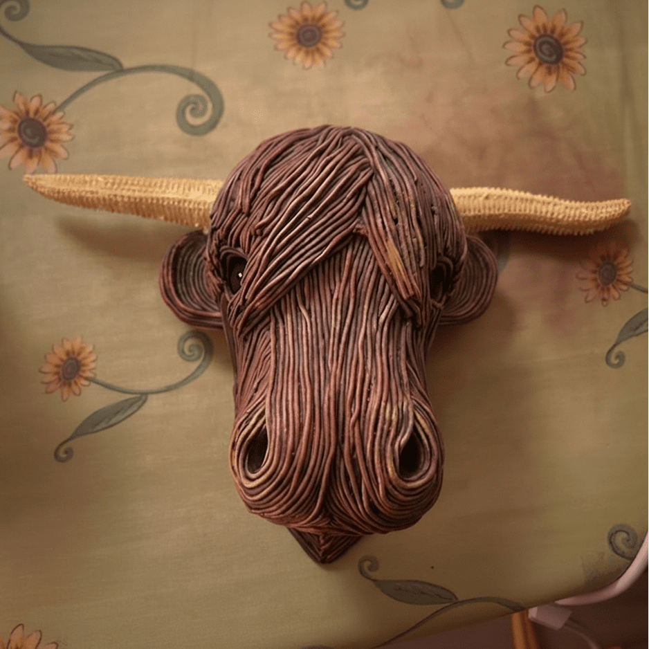 Handcrafted resin & metal Highland Cow sculpture, rustic animal wall decor. Perfect for farmhouse style homes.