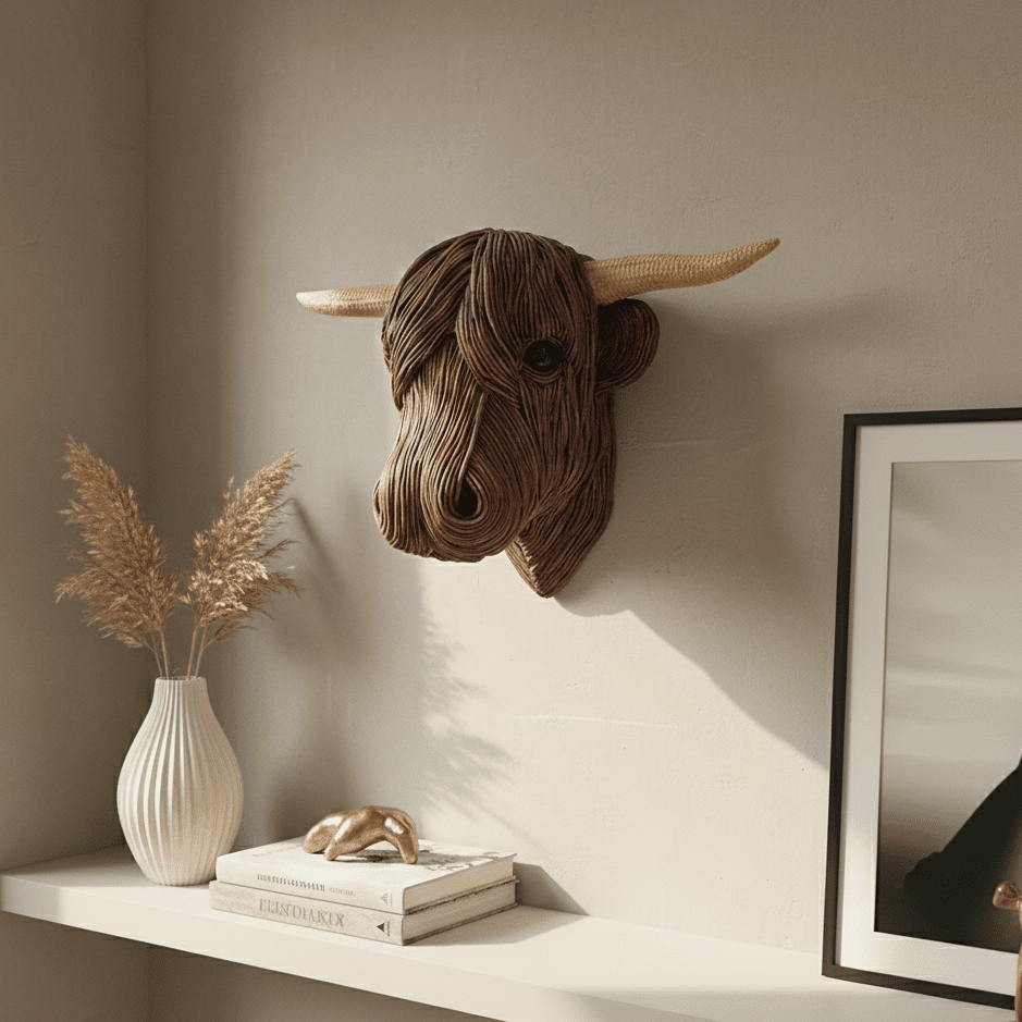 Detailed rustic Highland Cow wall sculpture, bringing farmhouse charm to any room. Metal & resin animal art.