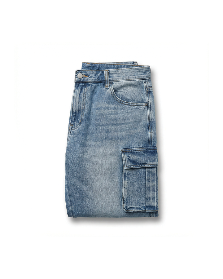 Men's blue utility cargo jeans, relaxed fit for comfort & everyday wear, multiple pockets, urban style.