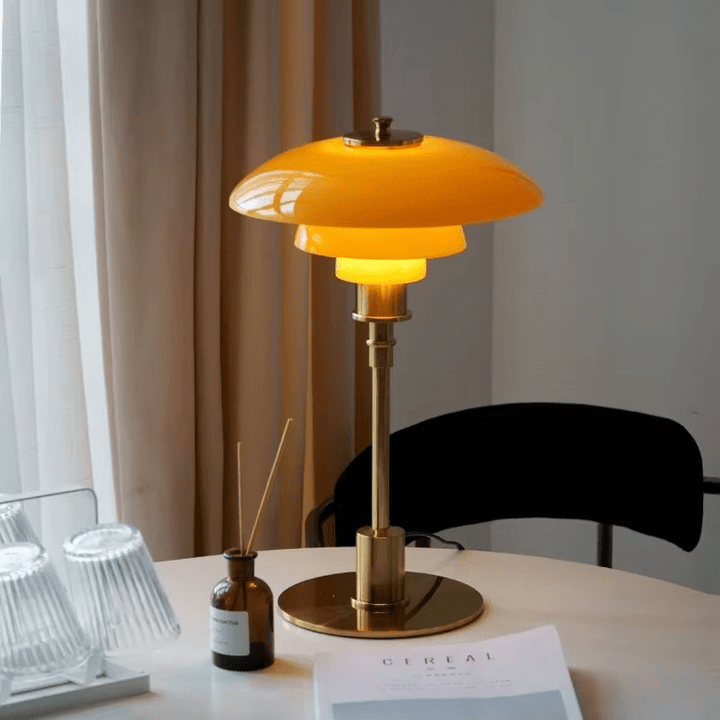 Elegant glass LED table lamp, dimmable with tricolor light (warm, natural, cold white) for modern homes.