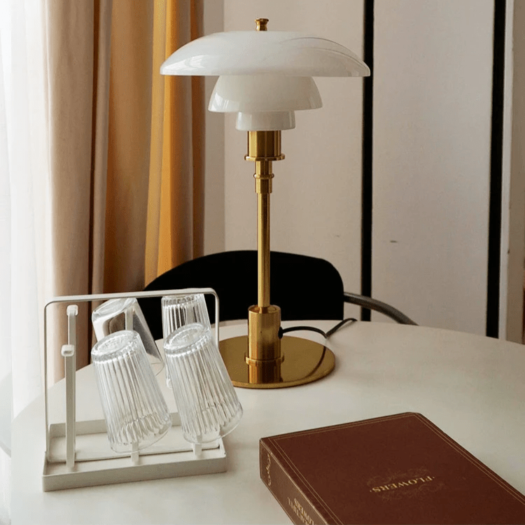 Stylish glass LED table lamp, Scandinavian design, with dimmable tricolor light for modern living spaces.
