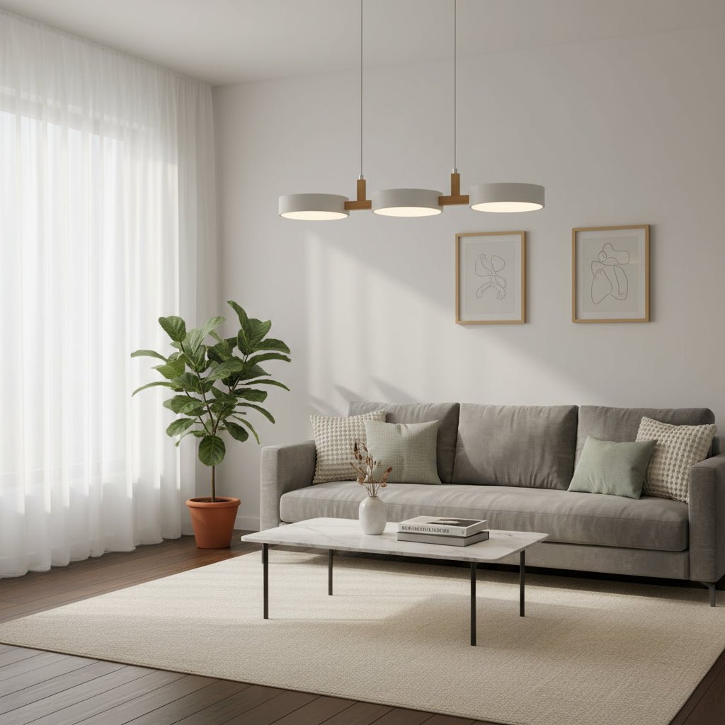 Inviting Scandinavian LED pendant lamp creating a cozy atmosphere with its adjustable warm glow. Home lighting.