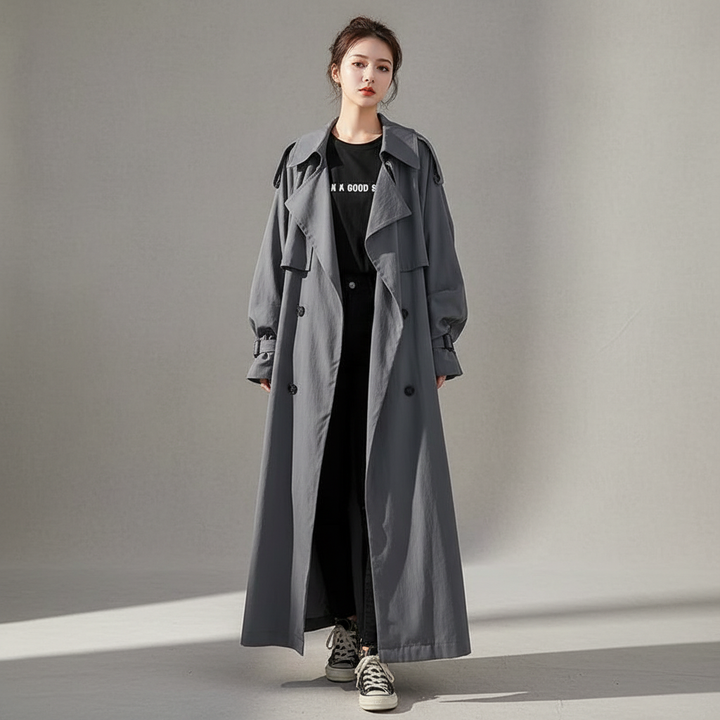 Scarlett red women's oversized long trench coat, perfect for elegant fall and winter outerwear.