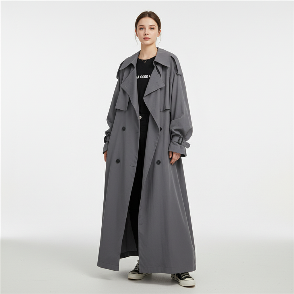 Chic loose-fit Scarlett oversized long trench coat for women, versatile fashion outerwear.