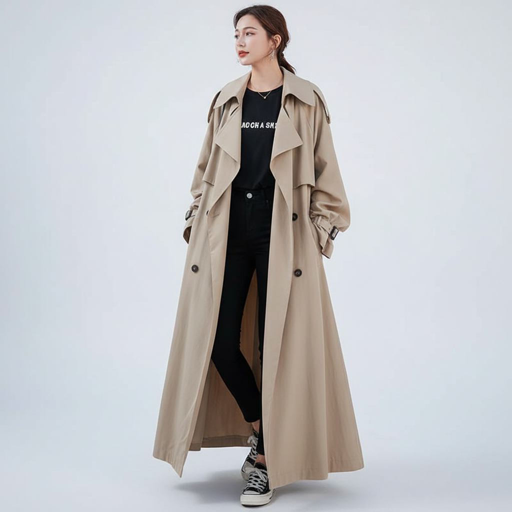 Elegant women's Scarlett oversized long trench coat, a stylish and versatile outerwear piece.