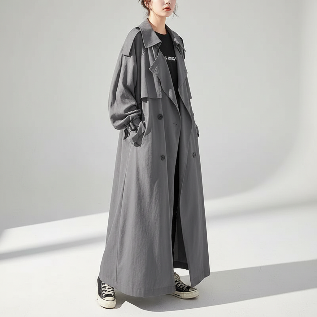 Effortless style: Scarlett red oversized long trench coat for women, loose fit for chic fall fashion.