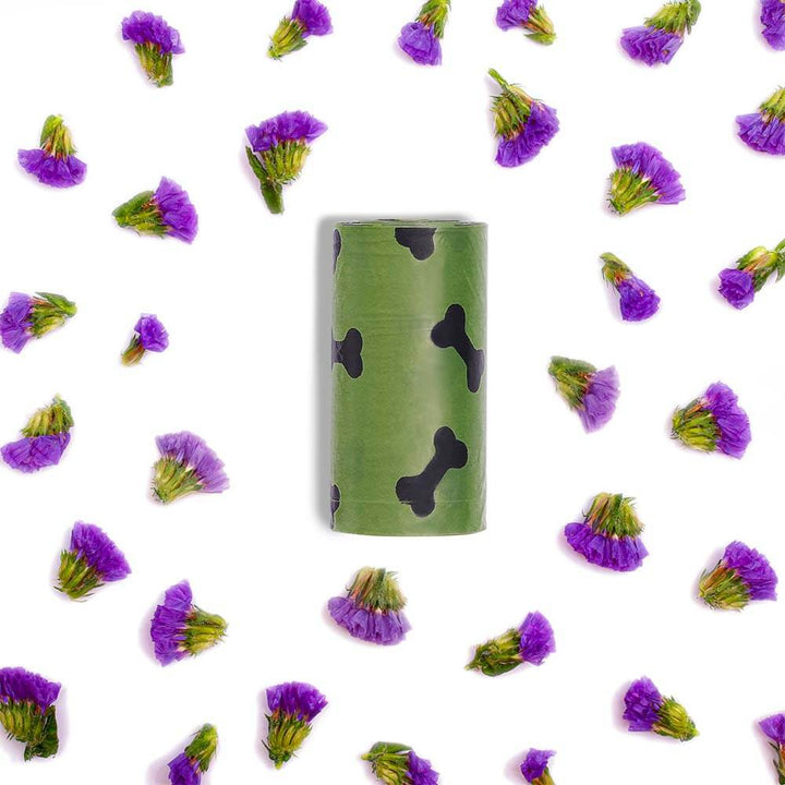 Scented biodegradable dog waste bags on a roll, eco-friendly pet waste solution