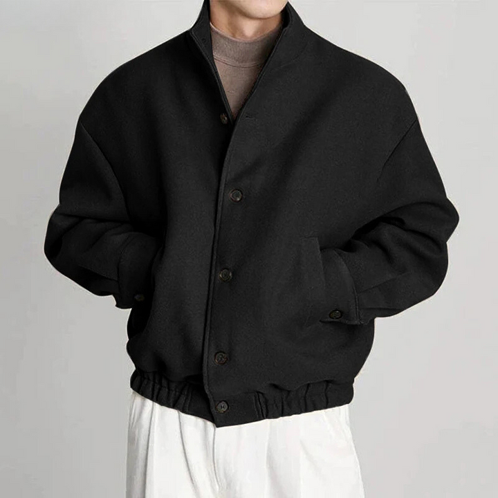 Sharp men's black versatile everyday jacket, a classic streamlined style for casual outerwear.