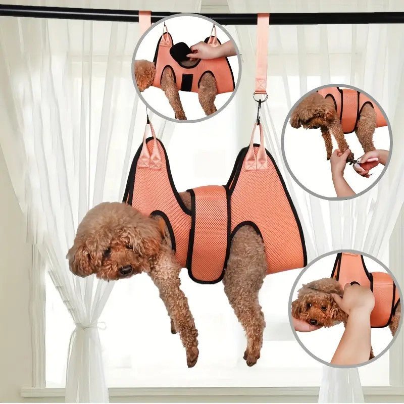 Secure pet grooming hammock for dogs and cats, ideal for stress-free nail trimming and bathing