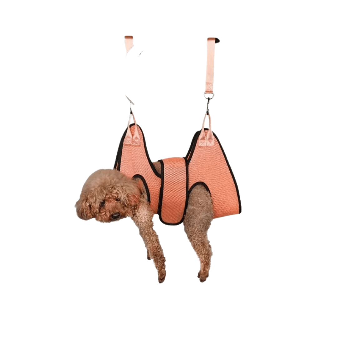 Breathable mesh pet grooming hammock with adjustable straps for comfortable dog and cat grooming
