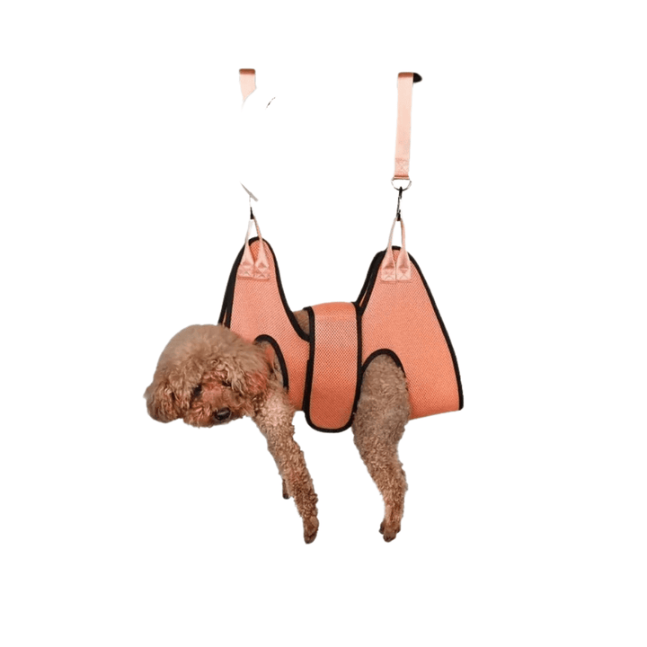 Breathable mesh pet grooming hammock with adjustable straps for comfortable dog and cat grooming