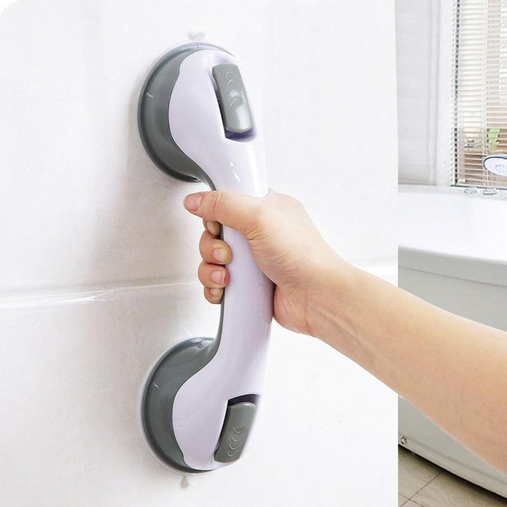 Close-up of SecureGrip non-slip suction handle. Durable bathroom safety rail for bath & shower mobility support.