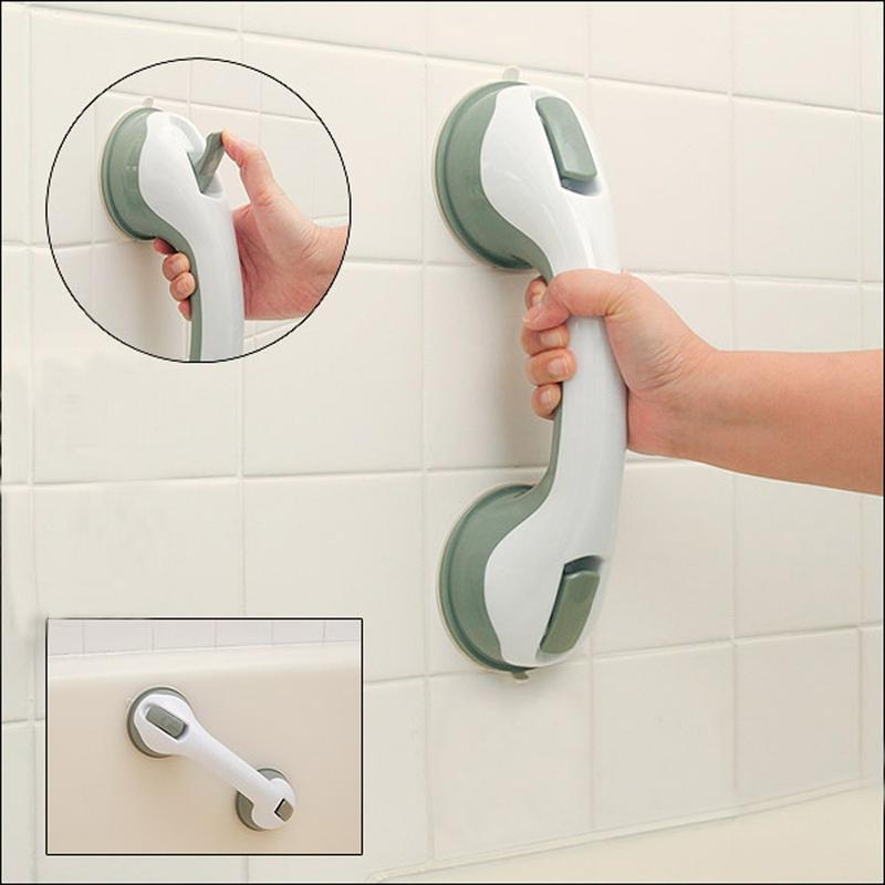 White SecureGrip non-slip handrail firmly attached to a shower wall, enhancing bath safety & mobility.