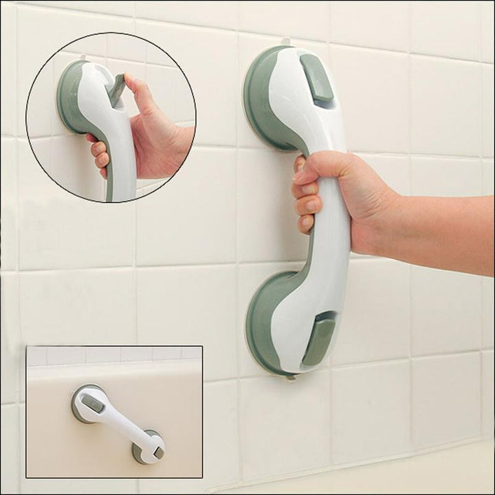 White SecureGrip non-slip handrail firmly attached to a shower wall, enhancing bath safety & mobility.