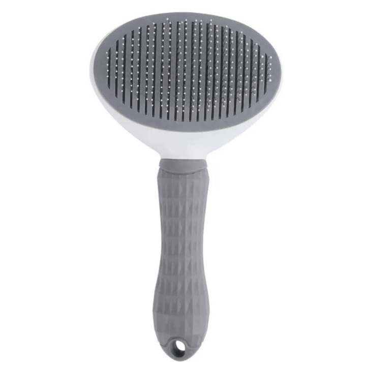 Self-cleaning pet grooming brush for dogs and cats, blue with white bristles, detangles fur gently