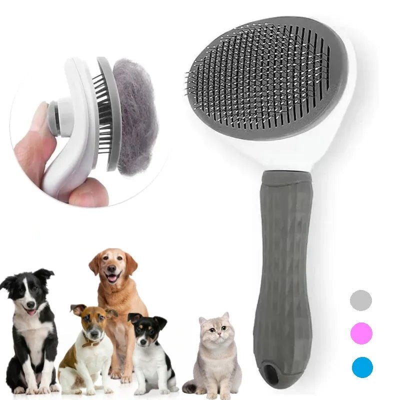 Close-up of a self-cleaning pet grooming brush, showing retractable bristles for easy hair removal