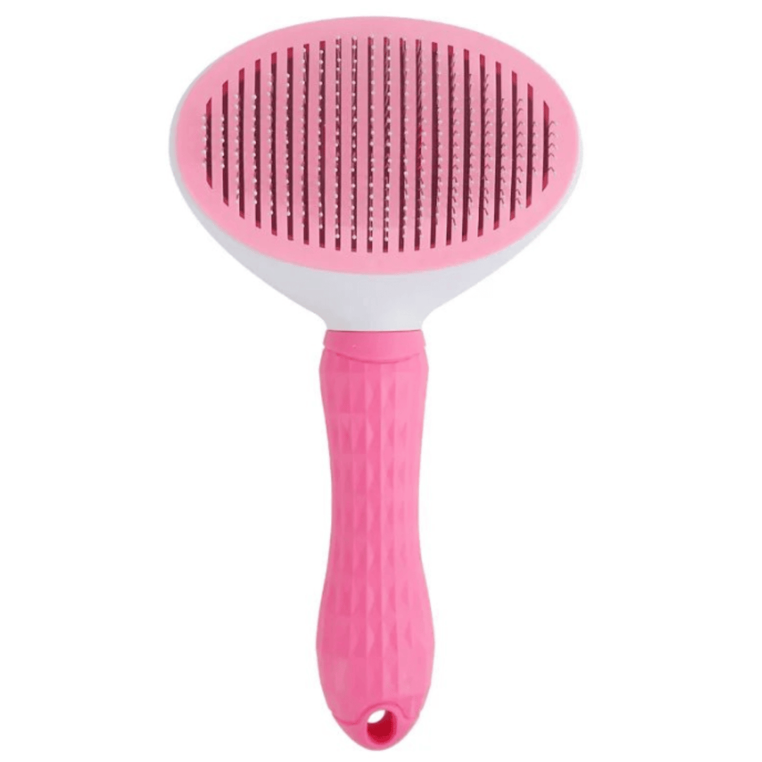 Ergonomic pet deshedding brush for cats and dogs, purple handle, ideal for shedding and detangling