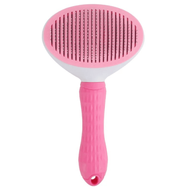 Ergonomic pet deshedding brush for cats and dogs, purple handle, ideal for shedding and detangling