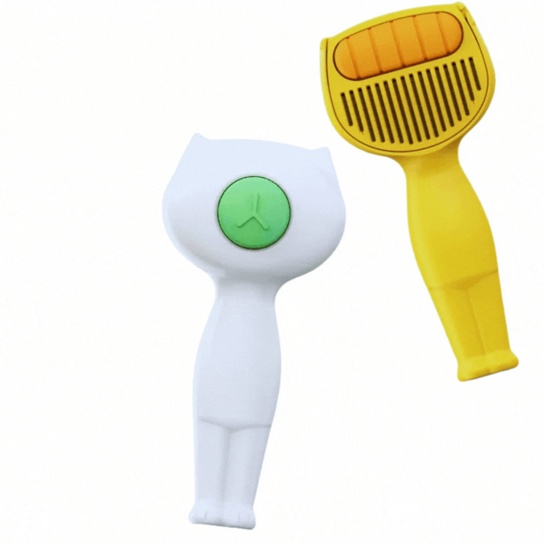 Pet grooming tool in packaging, highlighting its self-cleaning feature for dogs and cats