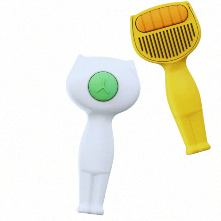 Pet grooming tool in packaging, highlighting its self-cleaning feature for dogs and cats