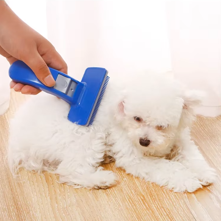 Self-cleaning pet grooming brush with soft silicone bristles for gentle dog and cat fur removal