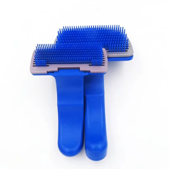 Close-up of innovative self-cleaning pet grooming brush, showcasing flexible silicone bristles for animal care