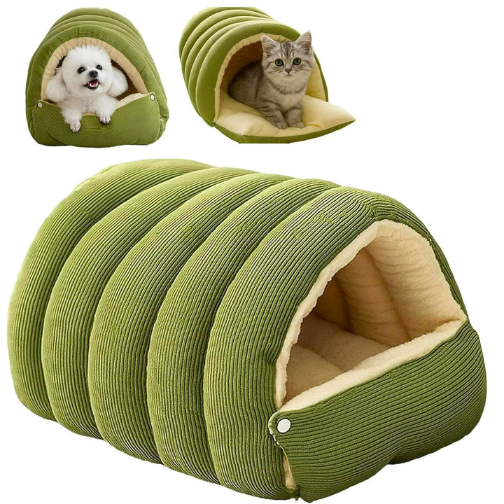 Semi-closed washable cat bed with fleece lining, providing a cozy pet hideaway for indoor cats.