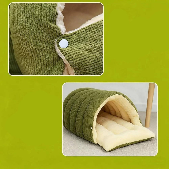 Washable cat bed, semi-closed design, featuring a plush fleece interior for an anxious cat.