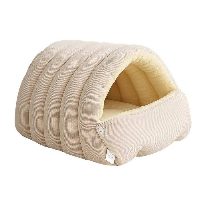 Grey semi-closed cat bed, fleece-lined and washable, providing a warm and secure spot for cats.
