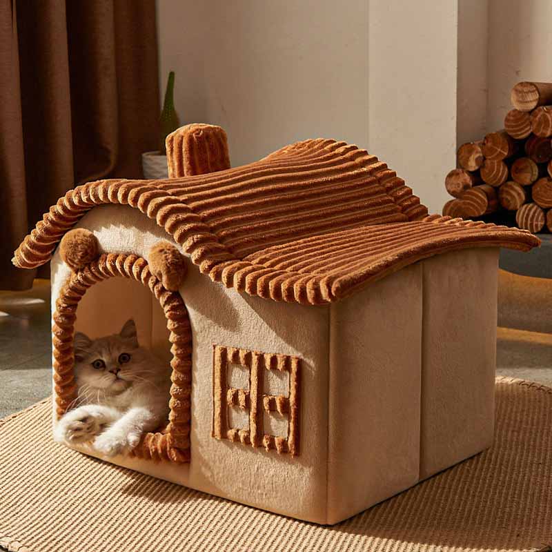 Semi-enclosed cat cave bed in modern design, offering cozy pet comfort for felines.