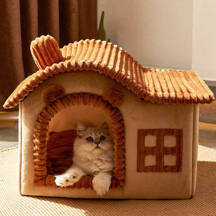 Washable cat house design pet cave bed, ideal for warm and enclosed cat naps.