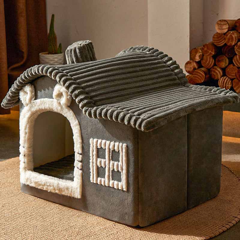 Semi-enclosed pet cave bed, warm and inviting, a perfect cat bed for a comfortable pet house.