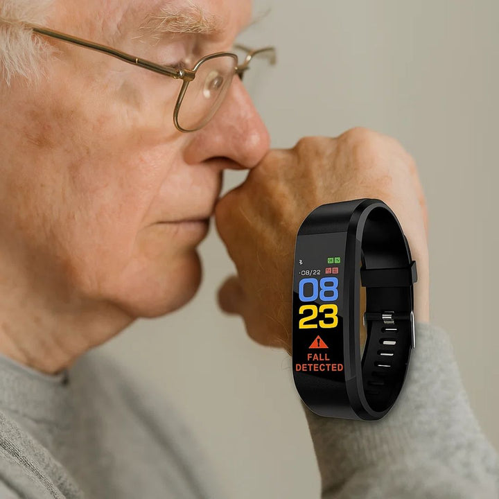 Elderly safety smartwatch monitoring heart rate, blood pressure, and oxygen levels for peace of mind.