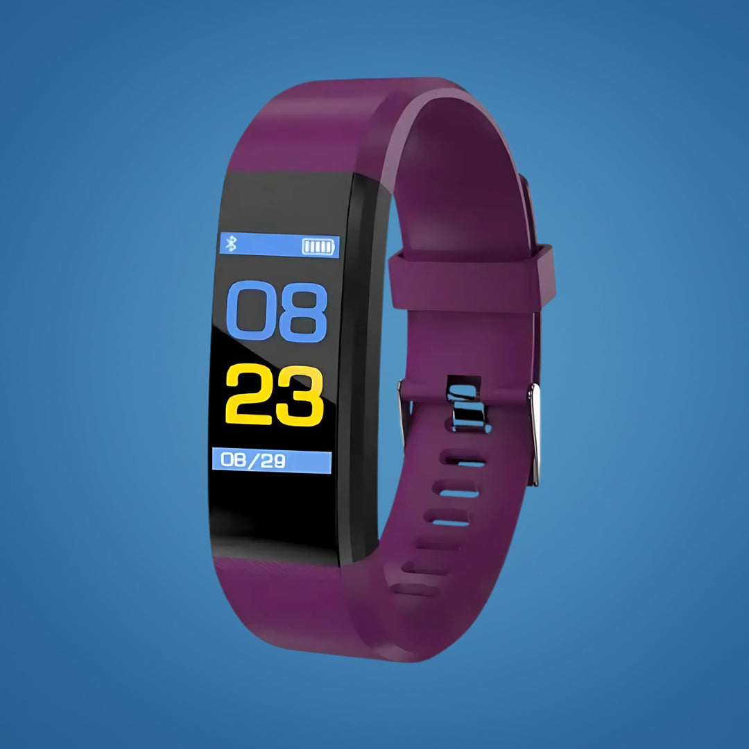Black senior smartwatch on a charging dock, ready for use with fall detection and health monitoring.