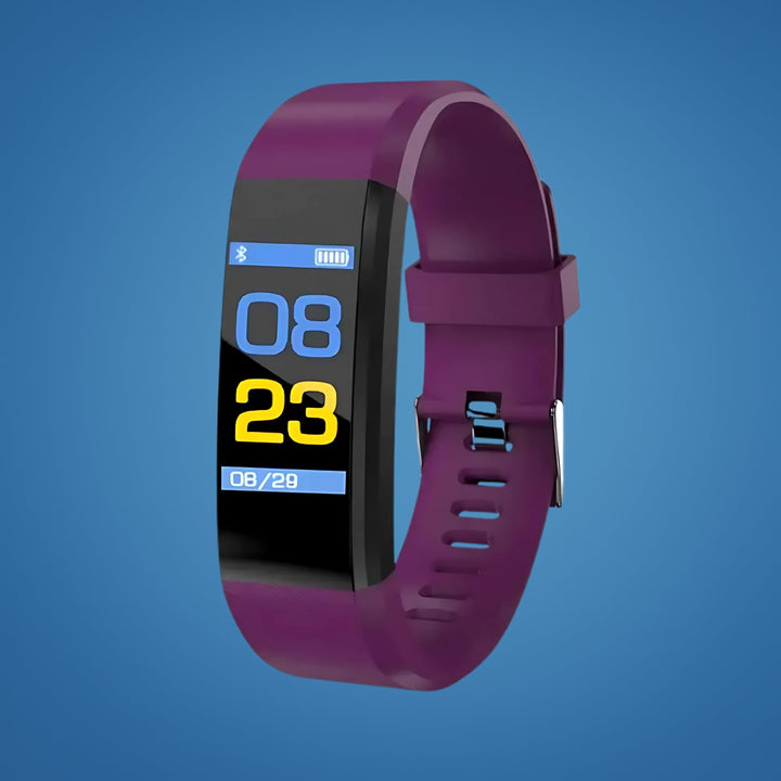 Black senior smartwatch on a charging dock, ready for use with fall detection and health monitoring.