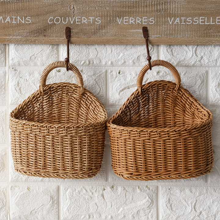 Decorative handwoven wall basket set for kitchen storage, organizing spices & small items.
