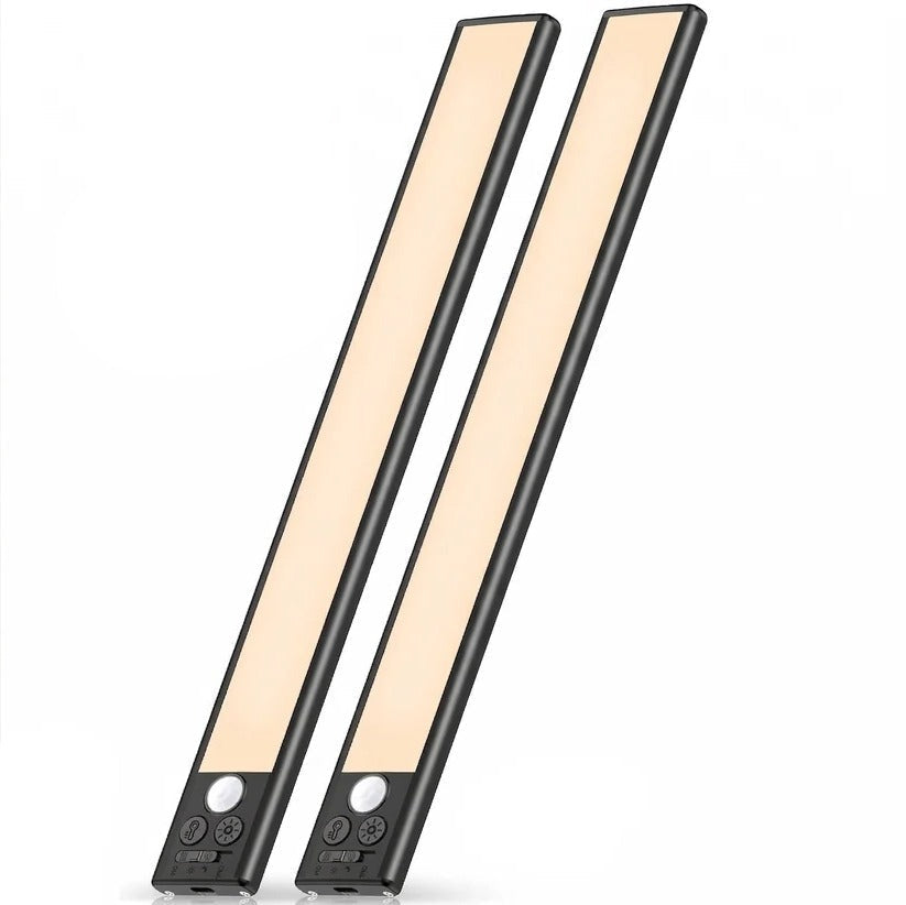Set of 2 rechargeable magnetic under cabinet LED lights with motion sensor for kitchen & closet lighting.