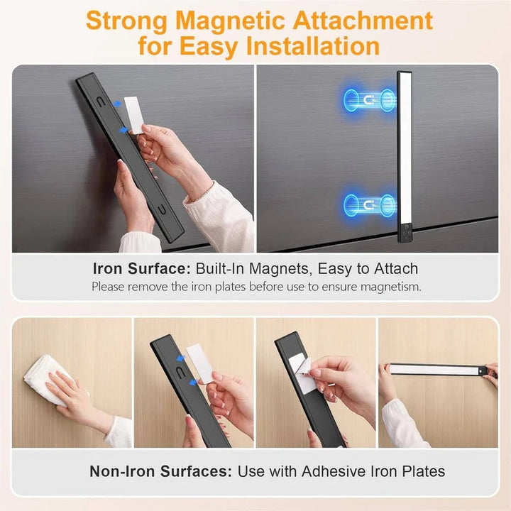 Dimmable, motion-sensing, USB-C rechargeable LED under cabinet lights, magnetic for kitchen & closet lighting.